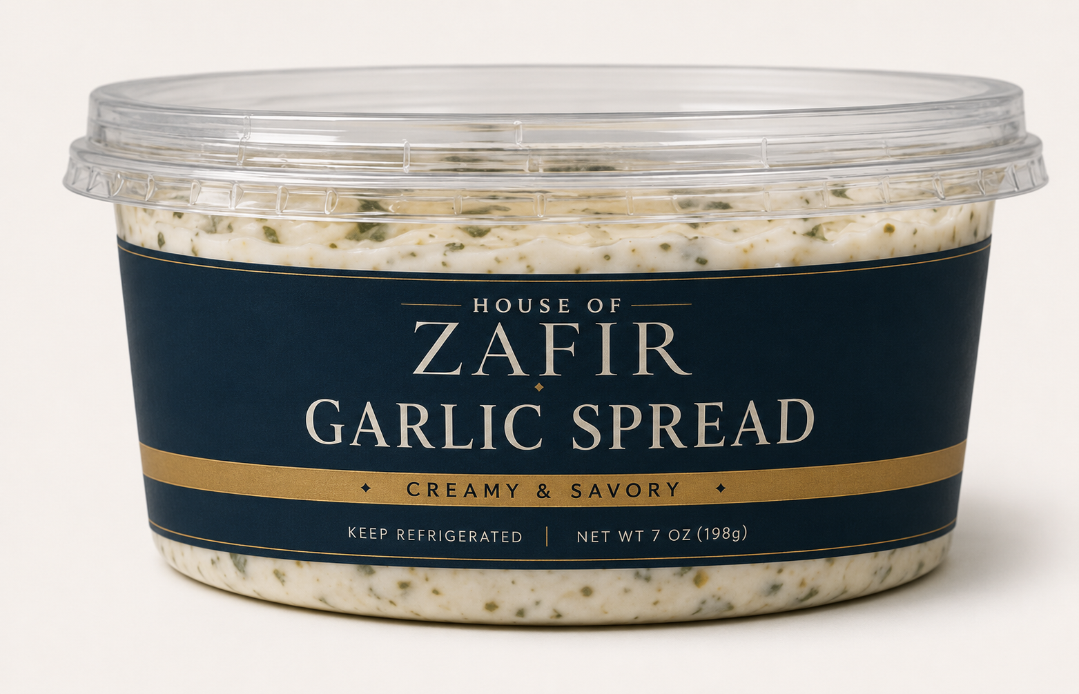 House of Zafir Garlic Spread in a clear refrigerated tub