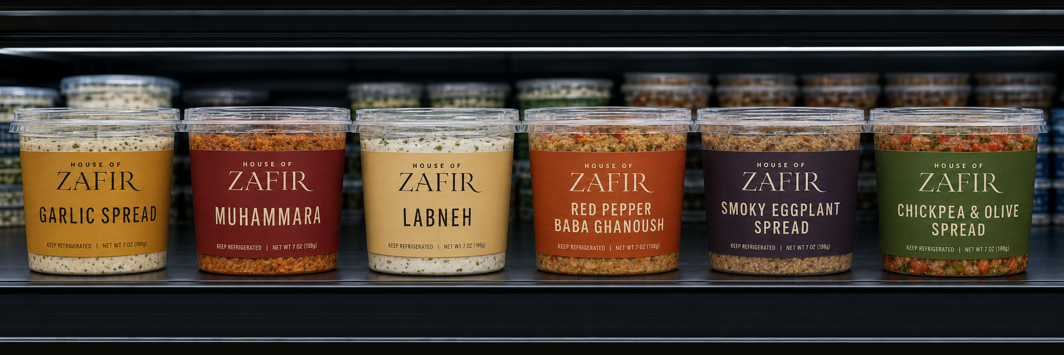 House of Zafir spreads arranged in a refrigerated case